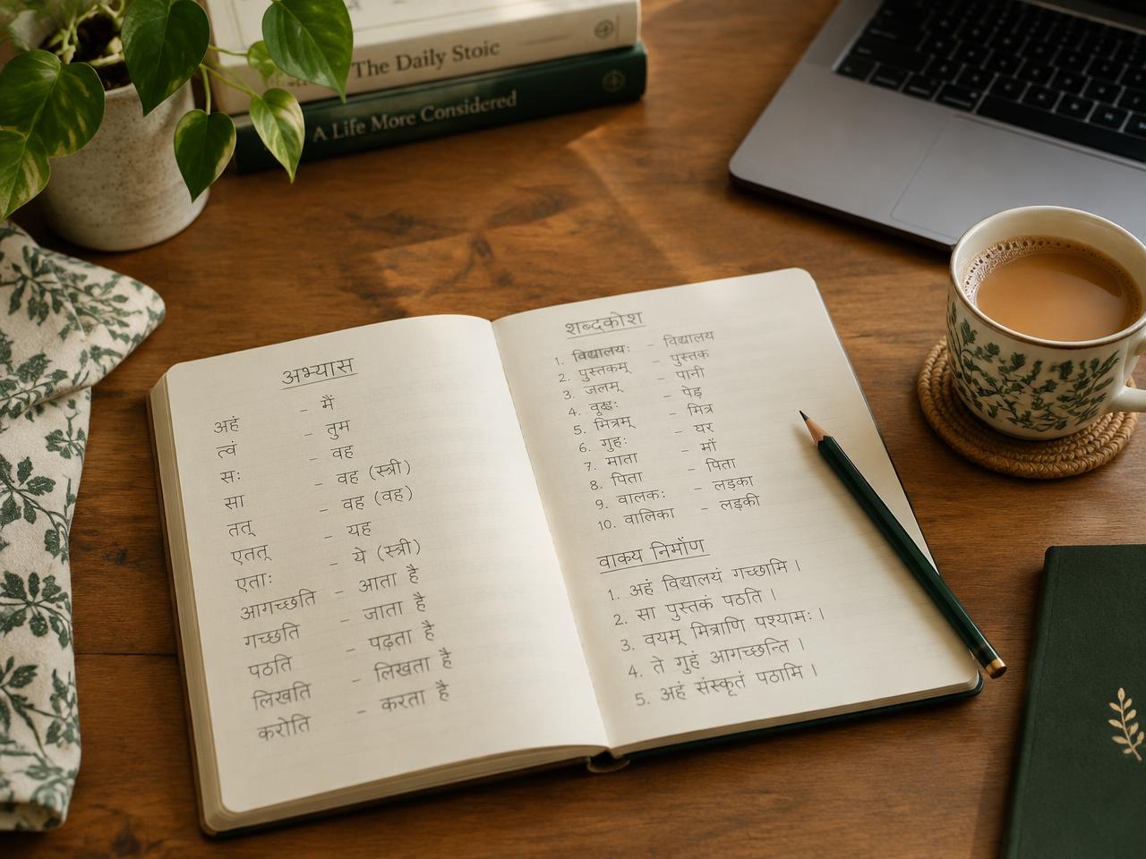 An open notebook with Devanagari writing beside a cup of chai and a laptop